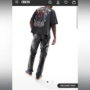 ASOS DESIGN slim pants in leather look with front lace up detail in black